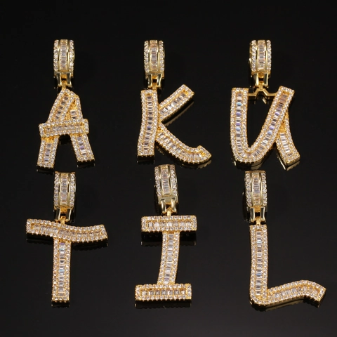 Iced Out Alphabet Pendant Necklace 18K Gold Silver Plated Hip Hop Jewelry For Men Women Copper Zirconia Letter Charm Rope Chain