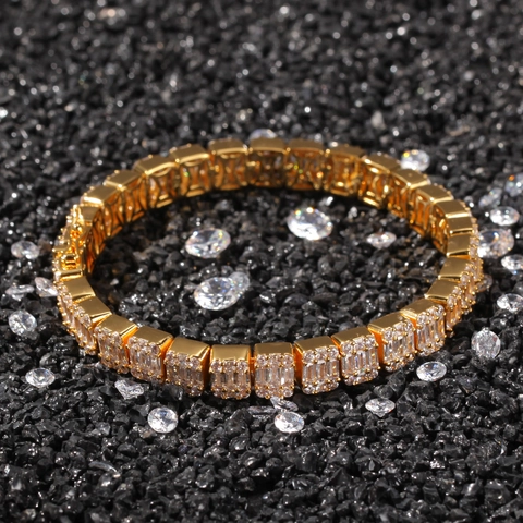 Hip Hop Baguette Zirkonia Armband Für Herren Iced Out Geometrisches Kupferarmband Gold Silber Galvanisiert Mode Schmuck