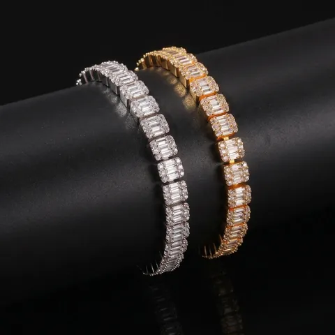 Hip Hop Baguette Zirkonia Armband Für Herren Iced Out Geometrisches Kupferarmband Gold Silber Galvanisiert Mode Schmuck