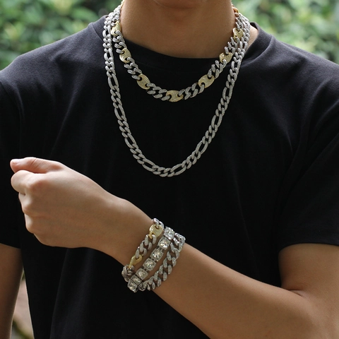 Hiphop 13mm Iced Out Varkensneus Cubaanse Schakelketting Ketting Armband Set Koper Zirconia Heavy Metal Sieraden Voor Heren