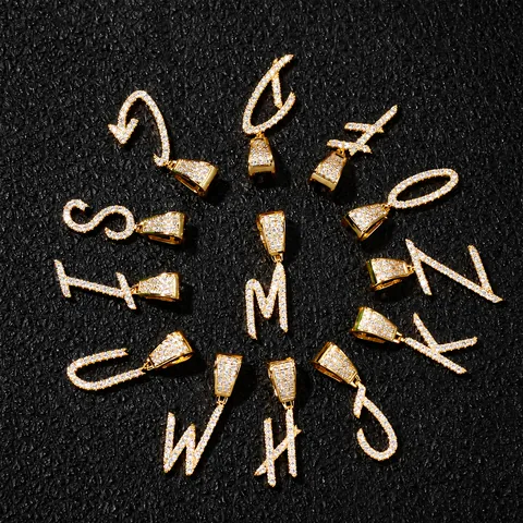 Hip Hop Initial Letter Pendant Necklace Iced Out Copper Zirconia Cursive Script Jewelry Rope Chain Streetwear For Men Women