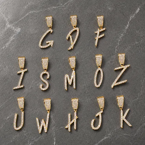 Hip Hop Initial Letter Pendant Necklace Iced Out Copper Zirconia Cursive Script Jewelry Rope Chain Streetwear For Men Women