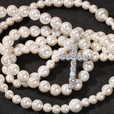 Conjunto de Collar de Perlas Artificiales de Concha de Doble Capa Hip Hop Con Colgante de Cruz de Acero Inoxidable Zirconia Para Hombre Mujer