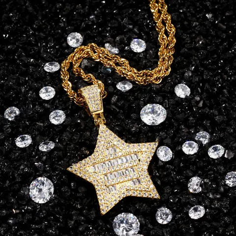 Collar de Pendiente de Estrella de Cinco Puntas Hip Hop Pendiente de Cobre Zirconia Cadena de Cuerda Cubana de Acero Inoxidable Joyería Unisex