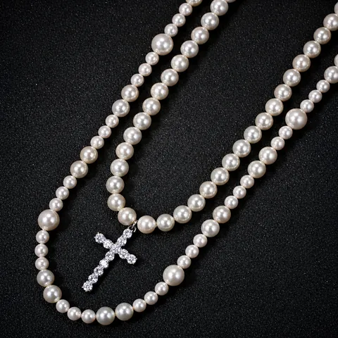 Conjunto de Collar de Perlas Artificiales de Concha de Doble Capa Hip Hop Con Colgante de Cruz de Acero Inoxidable Zirconia Para Hombre Mujer