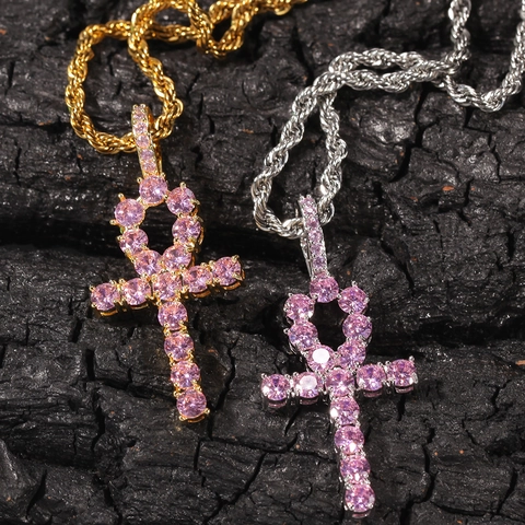 Collana con Ciondolo a Croce Ankh Hip Hop Catena a Corda in Acciaio Inossidabile Zircone Rosa Blu Gioielli Uomo Donna Streetwear