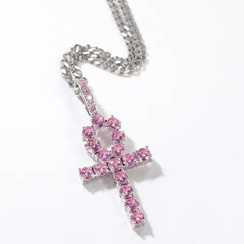 Collana con Ciondolo a Croce Ankh Hip Hop Catena a Corda in Acciaio Inossidabile Zircone Rosa Blu Gioielli Uomo Donna Streetwear