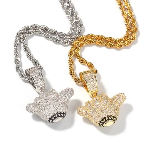Hip Hop Pendant Necklace Gold Silver Plated Copper Pave Zirconia Cartoon Glove Hand Gesture Streetwear Jewelry For Men Women