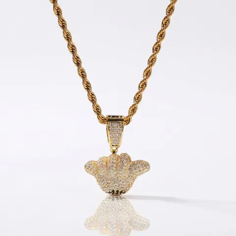 Hip Hop Pendant Necklace Gold Silver Plated Copper Pave Zirconia Cartoon Glove Hand Gesture Streetwear Jewelry For Men Women