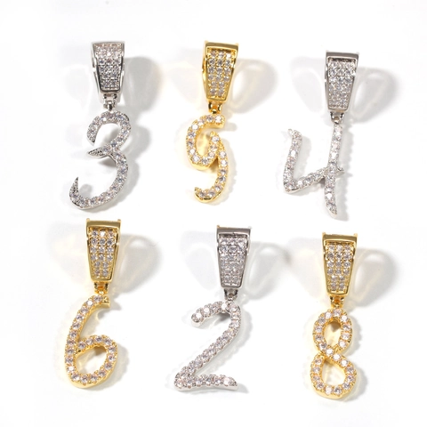 Iced Out Kursive Zahlen Anhänger Halskette Kupfer Zirkonia Hip Hop Schmuck Für Herren Damen Gold Silber Seilkette