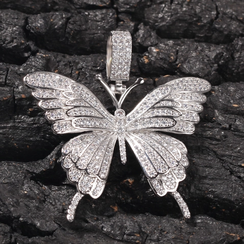 Hip Hop Butterfly Pendant Necklace Micro Pave Zirconia Copper Jewelry Gold Silver Rope Chain For Men Women