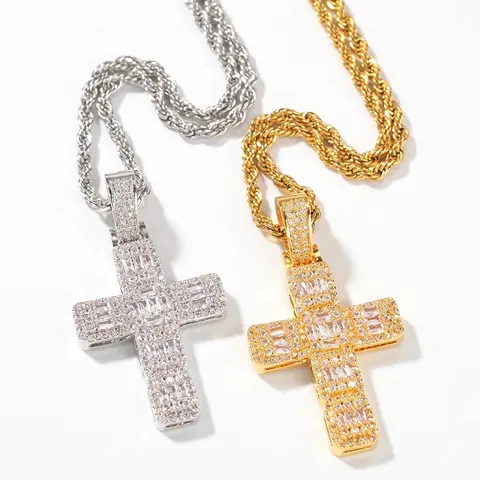 Collana Con Pendente a Croce Hip Hop Iced Out Catena a Corda in Acciaio Inossidabile Placcato Oro Argento Zirconia Gioielli Moda