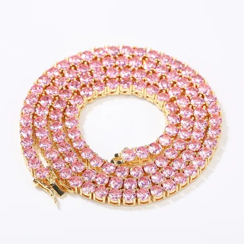 Hip Hop Pink Zirconia Tennis Chain Necklace Copper Inlaid Full Drill Iced Out Fashion Jewelry For Men Women Gold Silver Plated