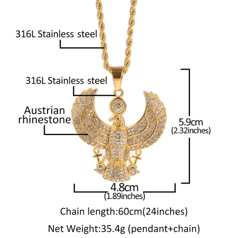 Collana con Pendente Aquila Egiziana Hip Hop per Uomo Acciaio Inossidabile con Strass Horus Falco Ankh Catena Corda Catena Cubana