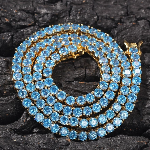 Collana a Catena Tennis Hip Hop in Rame con Zirconia Blu Mare Intarsiata Moda Personalizzata Gioielli in Riga Unisex