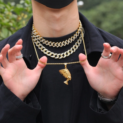Vintage Nofretete Königin Anhänger Halskette Edelstahl Hip Hop Galvanisierte Seilkette Schmuck Für Damen Herren Gold Schwarz