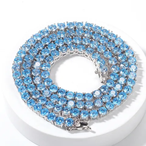 Collana a Catena Tennis Hip Hop in Rame con Zirconia Blu Mare Intarsiata Moda Personalizzata Gioielli in Riga Unisex
