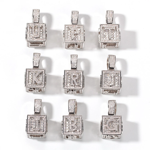Collier Pendentif Cube Alphabet Hip Hop Glacé en Cuivre Zirconia Personnalisé 26 Lettres Pendentif Boîte Chaîne Torsadée Bijoux