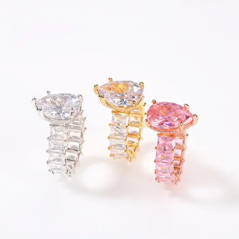 Hiphop Koperen Peer Vormige Zirconia Ring Voor Heren Dames Luxe Iced Out Enkele Rij Zijsteen Mode Feest Ring