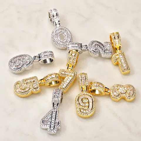Hip Hop Iced Out Zahlen Anhänger Halskette AAA Zirkonia Kupfer Eingelegt Numerische Anhänger Edelstahl Seilkette Für Damen Herren