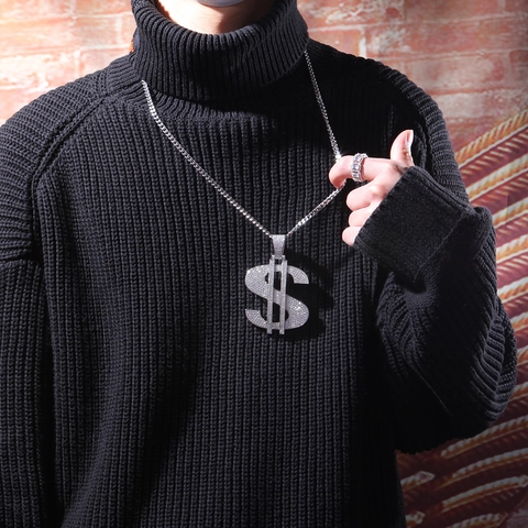 Hip Hop Dollarteken Hanger Halsketting Roestvrij Staal Cubaanse Schakelketting Koper Zirkonia Sieraden Voor Heren Dames