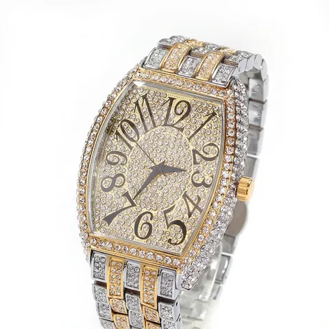Orologio al Quarzo da Uomo Hip Hop Lusso Forma a Botte con Strass Quadrante Grande Moda Business Casual Orologio da Polso Gioielli