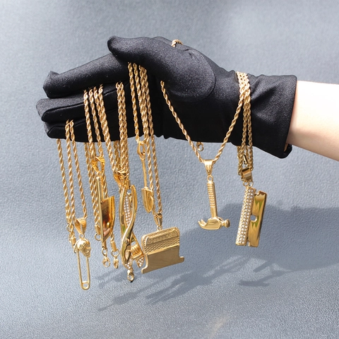 Hip Hop Herren Edelstahl Vergoldet Werkzeug Anhänger Halskette Kreative Hammer Schraubendreher Beil Schaufel Zange Modeschmuck Streetwear