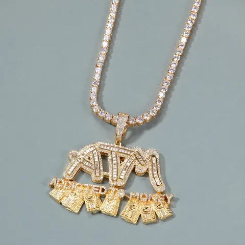 Collana con Ciondolo Hip Hop ATM Addicted To Money Zirconia Iced Out Gioielli in Rame per Uomo Donna Streetwear Placcato Oro Argento