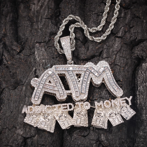 Collana con Ciondolo Hip Hop ATM Addicted To Money Zirconia Iced Out Gioielli in Rame per Uomo Donna Streetwear Placcato Oro Argento