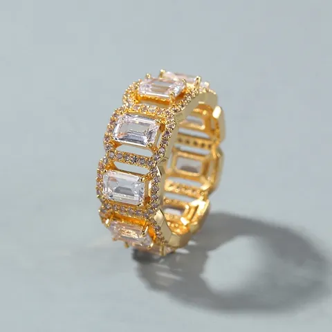 Anillo Hip Hop Personalizado de Cobre Rectangular Circonia Hueco Unisex Oro Plata Galvanizado Incrustado Circonia Joyería Anillo