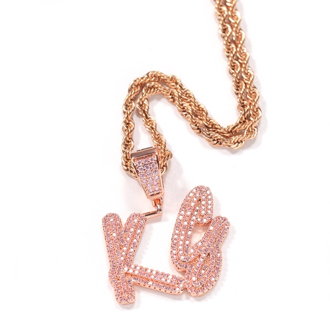 Hip Hop Iced Out Koper Script Alfabet Hanger Ketting Blauw Wit Zirkoon Micro Pave Touwketting Sieraden Mannen Vrouwen