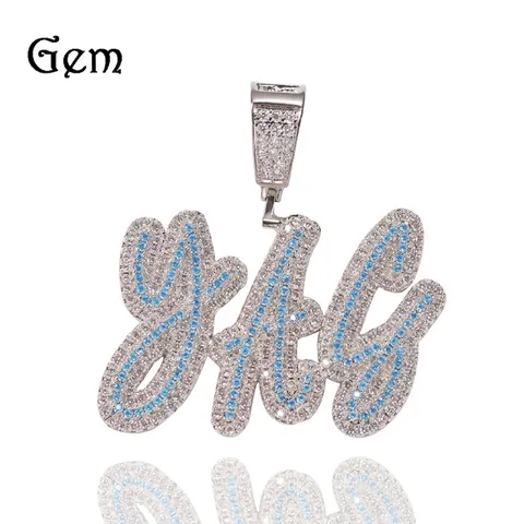 Hip Hop Iced Out Koper Script Alfabet Hanger Ketting Blauw Wit Zirkoon Micro Pave Touwketting Sieraden Mannen Vrouwen