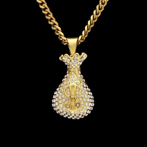 Hip Hop Stainless Steel Pendant Necklace Rhinestone Handcuffs Money Bag Dollar Bill Portrait Gold Plated Jewelry For Men