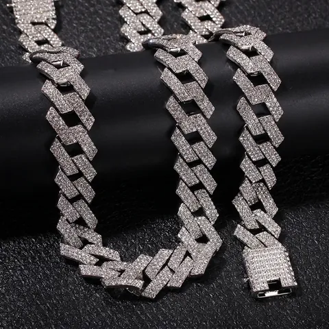 Collana Bracciale Maglia Cubana Hip Hop Lega Uomo Iced Out Tripla Fila Zirconia Pave Streetwear Rap Performance Gioielli