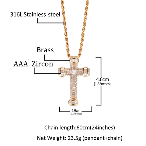 Collana con Pendente a Croce Iced Out Uomo Hip Hop Pendente in Rame Zirconia Catena a Corda in Acciaio Inox Gioielli Party