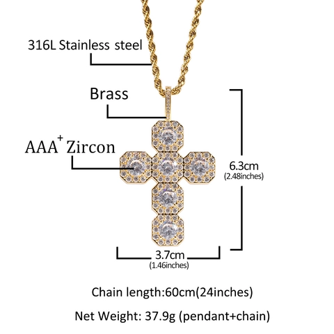 Collier Pendentif Croix Hip Hop Pendentif en Laiton avec Zircon Chaîne Cubaine Torsadée en Acier Inoxydable pour Hommes Femmes Bijoux de Mode