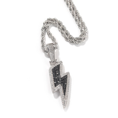 Hip-Hop Iced Out Lightning Bolt Pendant Necklace Copper Micro Pave Zircon Stainless Steel Rope Chain For Men Women Jewelry
