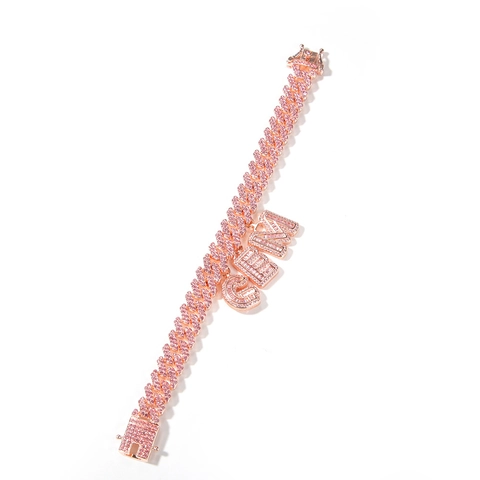 Collana Bracciale Maglia Cubana con Zirconi Rosa Ghiacciati Lega Pendente a Lettera Gioielli alla Moda Hip Hop Unisex