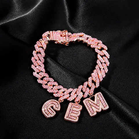 Collana Bracciale Maglia Cubana con Zirconi Rosa Ghiacciati Lega Pendente a Lettera Gioielli alla Moda Hip Hop Unisex
