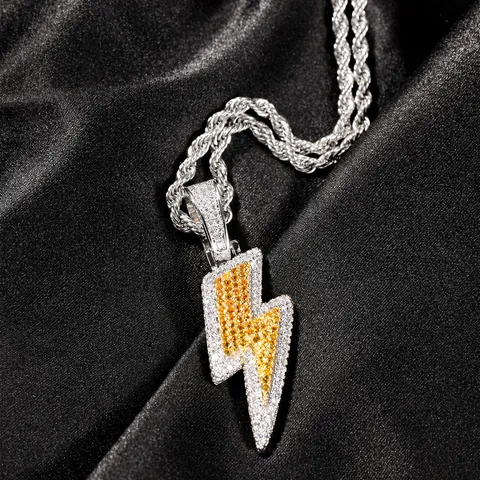 Hip-Hop Iced Out Lightning Bolt Pendant Necklace Copper Micro Pave Zircon Stainless Steel Rope Chain For Men Women Jewelry