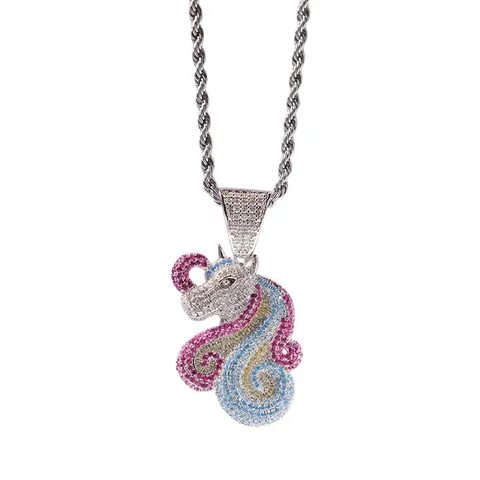 Hip Hop Cartoon Einhorn Anhänger Halskette Bunte Zirkonia Micro Pave Iced Out Kupfer Halskette Für Herren Damen Streetwear Schmuck Geschenk