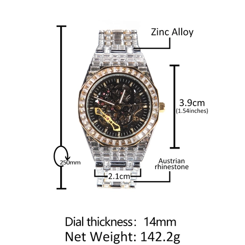 Luxury Men Automatic Mechanical Watch Skeleton Iced Out Full Rhinestone Hip Hop Zinc Alloy Metal Strap Fashion Wristwatch