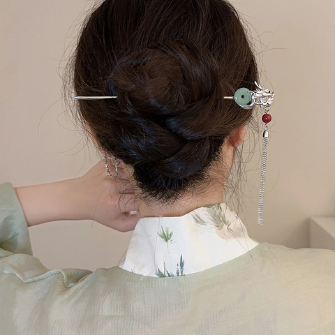 Bastoncino per Capelli con Nappa a Forma di Dragone Stile Cinese Retrò Fermaglio in Lega Argentata Con Fibbia Pingan Accessori Hanfu