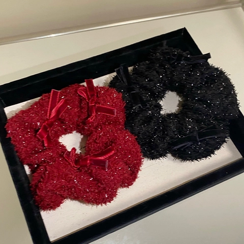 Französisch Vintage Plüsch Schleife Haargummi Mit Glanzseiden Glitzer Haarbänder Damen Neujahr Party Haarschmuck