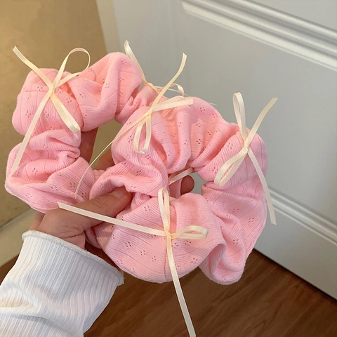 Süßes Rosa Schleife Haargummi Niedlich Gestrickter Stoff Haarband Elastischer Pferdeschwanz Halter Damen Mädchen Accessoire