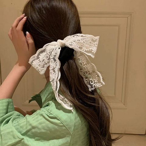 French Vintage White Lace Floral Bow Scrunchie With Long Streamer Detachable Ribbon Hair Tie Sweet Hair Accessories For Women