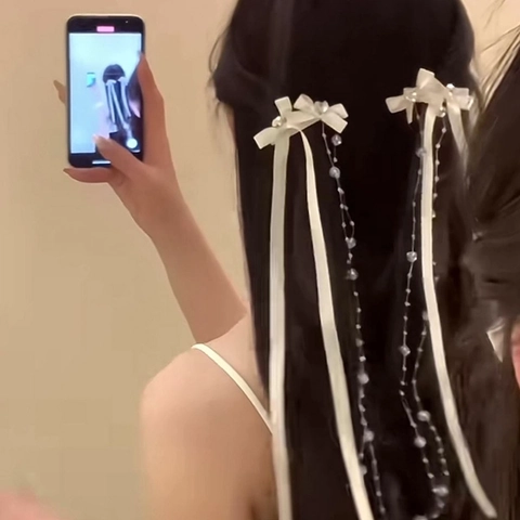 Fermaglio per Capelli in Stile Francese con Fiocco in Raso e Nappina Lunga Perla Artificiale Strass Accessorio per Capelli per Donna