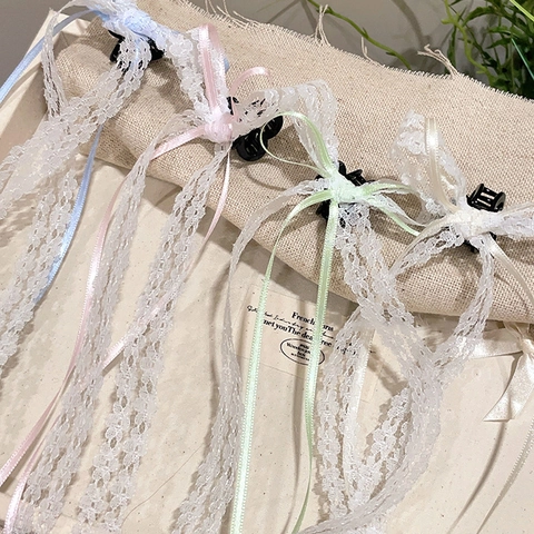 Französisch Vintage Spitze Schleife Streamer Haarklammer Für Damen Süß Floral Satinband Lang Quaste Haarschmuck Alltag Deko