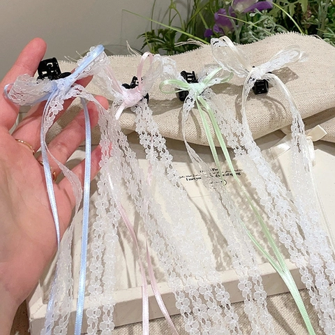 Französisch Vintage Spitze Schleife Streamer Haarklammer Für Damen Süß Floral Satinband Lang Quaste Haarschmuck Alltag Deko