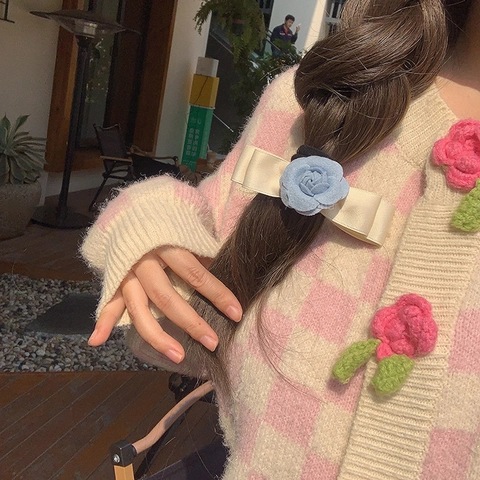 Fermaglio per Capelli con Fiocco e Fiore di Camelia Blu Stile Francese in Tessuto di Raso Clip a Becco d'Anatra per Donna
